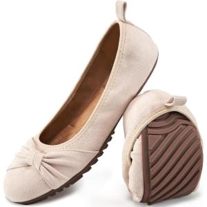 image:imageEcetana Womens Ballet Flats Shoes Dressy Round Toe Bowknot Slip Ons Comfortable Suede Foldable Loafers for Casual Work BusinessBeige
