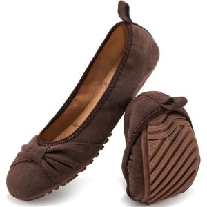 image:imageEcetana Womens Ballet Flats Shoes Dressy Round Toe Bowknot Slip Ons Comfortable Suede Foldable Loafers for Casual Work BusinessCoffee