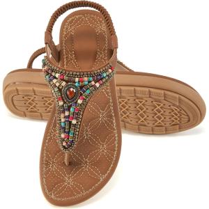 image:imageEcetana Womens Flats Sandals Dressy Comfortable Beach Summer Sandals 2026 Bohemian Strappy Walking Casual ShoesBrown