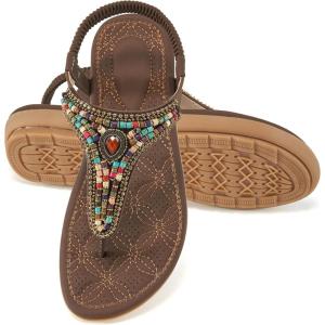 image:imageEcetana Womens Sandals Dressy Flat Comfortable Casual Summer Thong Sandals with Ankle Elastic Beaded Bohemian Flats Slip On 9 Coffee