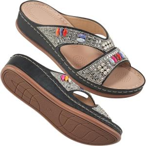 image:imageEcetana Womens Sandals Wedge Slides Dressy Summer Rhinestone Beaded Bohemian Platform Comfortable Casual ShoesBlack