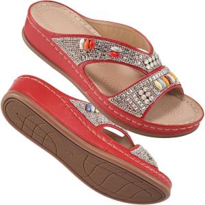 image:imageEcetana Womens Sandals Wedge Slides Dressy Summer Rhinestone Beaded Bohemian Platform Comfortable Casual ShoesRed