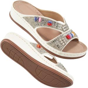 image:imageEcetana Womens Sandals Wedge Slides Dressy Summer Rhinestone Beaded Bohemian Platform Comfortable Casual ShoesWhite