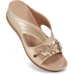 image:imageEcetana Sandals for Women Wedge Shoes Slip On Dressy Summer Comfortable Slides Sandals 2026 Casual Memory Foam Platform ShoesGold