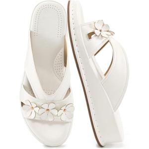 image:imageEcetana Sandals for Women Wedge Slides Dressy Summer Comfortable Memory Foam Slip on Casual Platform ShoesWhite