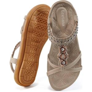 image:imageEcetana Womens Flats Sandals Dressy Summer Boho Comfortable Casual Ankle Strap Non Slip Rhinestone ShoesBeige