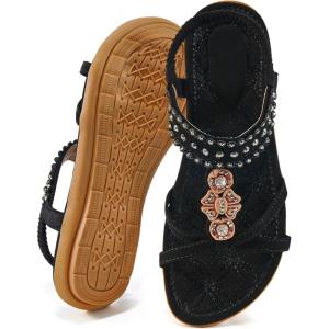 image:imageEcetana Womens Flats Sandals Dressy Summer Boho Comfortable Casual Ankle Strap Non Slip Rhinestone ShoesBlack