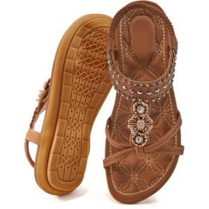 image:imageEcetana Womens Flats Sandals Dressy Summer Boho Comfortable Casual Ankle Strap Non Slip Rhinestone ShoesBrown