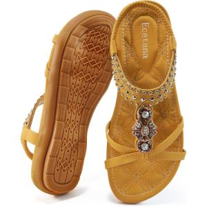 image:imageEcetana Womens Flats Sandals Dressy Summer Boho Comfortable Casual Ankle Strap Non Slip Rhinestone ShoesYellow