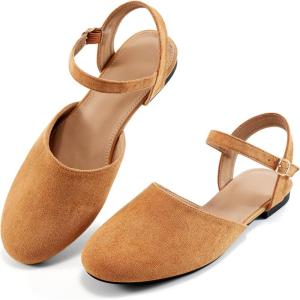 image:imageEcetana Womens Flats Sandals Dressy Summer Comfortable Casual Fashion Round Toe Slingback Shoes with Buckle Ankle StrapBrown