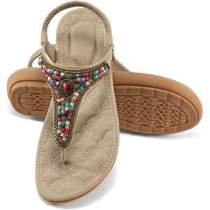 image:imageEcetana Womens Sandals Dressy Flat with Bohemian Beaded Comfortable Casual Summer Slip On Ankle Elastic Thong Shoes