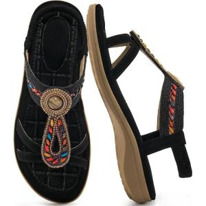 image:imageEcetana Womens Sandals Dressy Summer Comfortable Slip On Bohemian Flats Sandals Beach Shoes for WalkingBlack